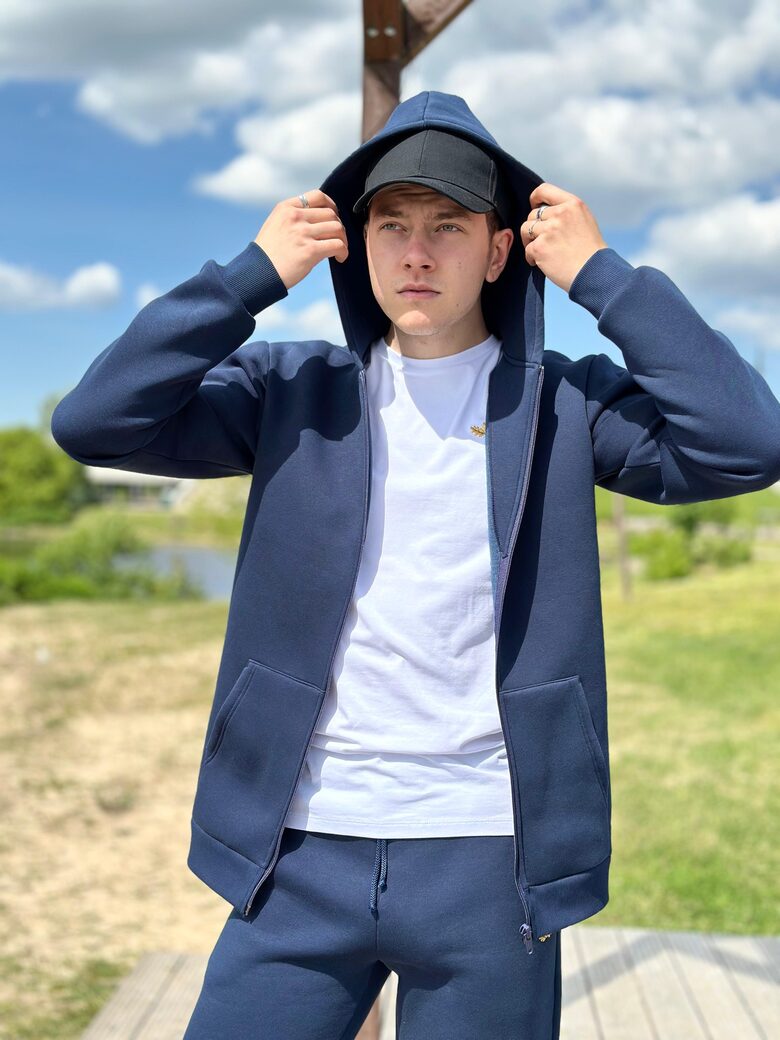 Unisex deep blue hooded jacket with a zipper "Water"