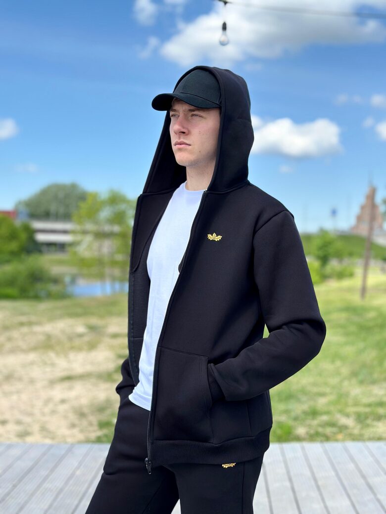 Unisex deep black hooded jacket with a zipper "Aronia"