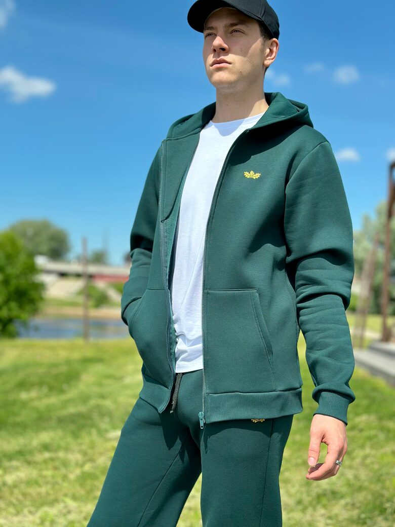 Unisex green hooded jacket with a zipper "Pine"